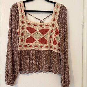 Miss Me Crochet Accent Blouse - Brown and Red